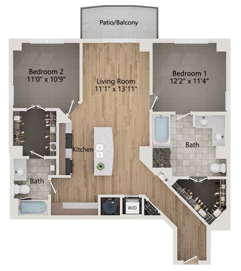 A floor plan of a home with a living room, two bedrooms, a kitchen, a bath, and a patio/balcony.